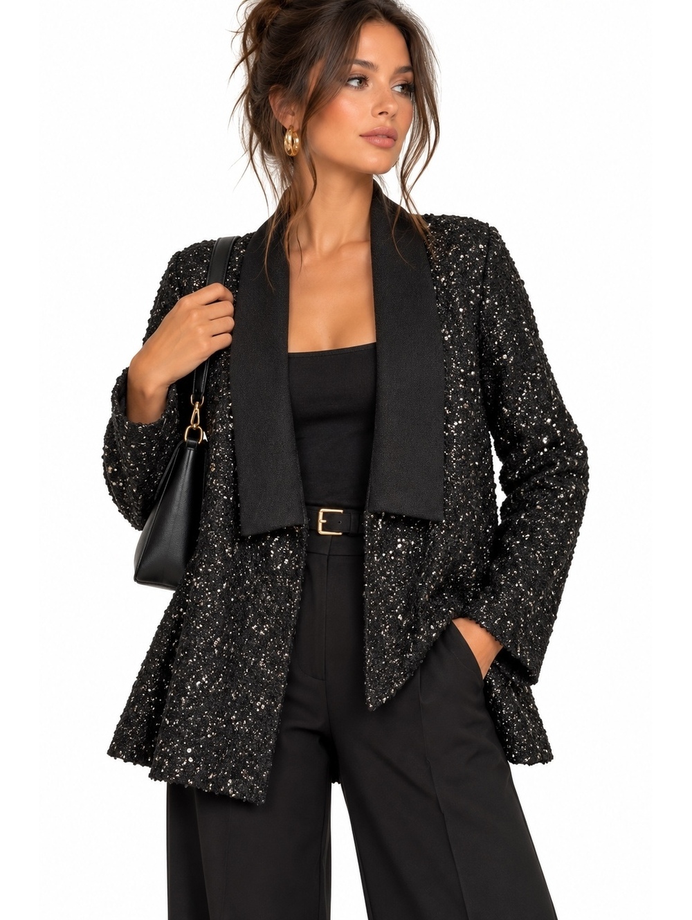 Alembika Black Metallic Sequin Textured Open Front Cardigan Jacket Size S